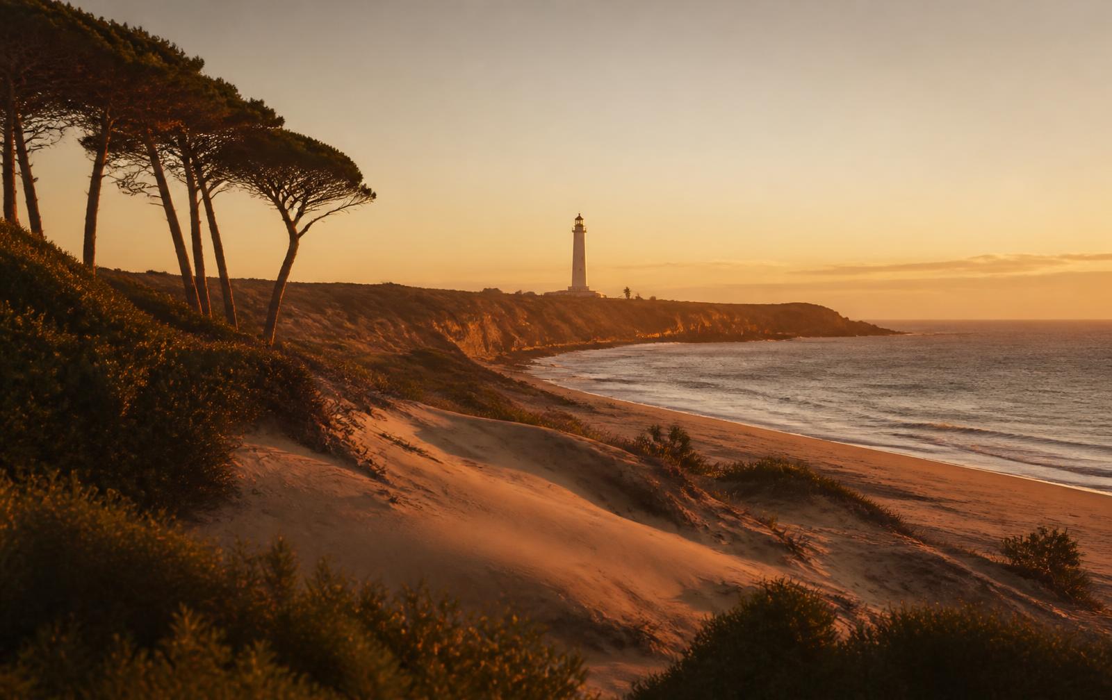 Atardecer atlántico junto al Faro de Trafalgar, en Los Caños de Meca, Cádiz