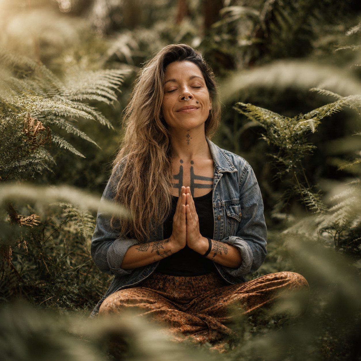 Maestra Inirama meditando en la naturaleza entre tonos verdes y luz cálida