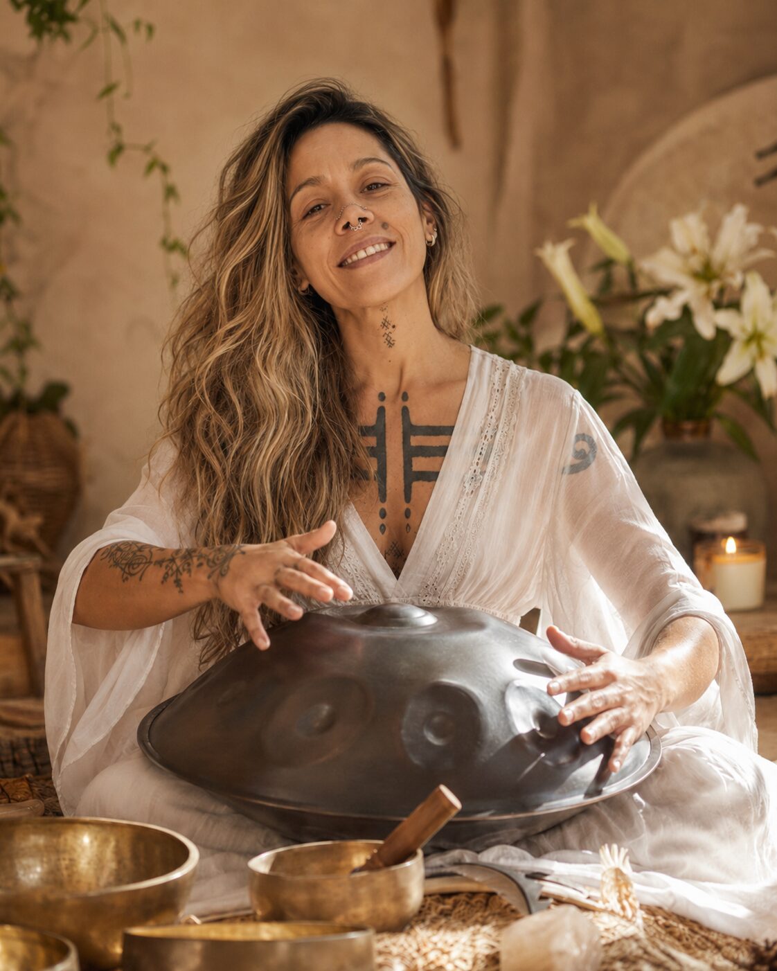 Handpan y cuencos en una sesión ceremonial de sonido.